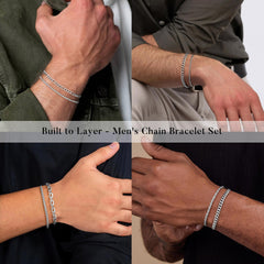 Turandoss Sterling Silver Cuban Link Layered Chain Bracelets Set for Men Herringbone Figaro Wrist Chains 8.3 Sturdy Stainless Steel Birthday Jewelry Gifts for Men Him Fashion