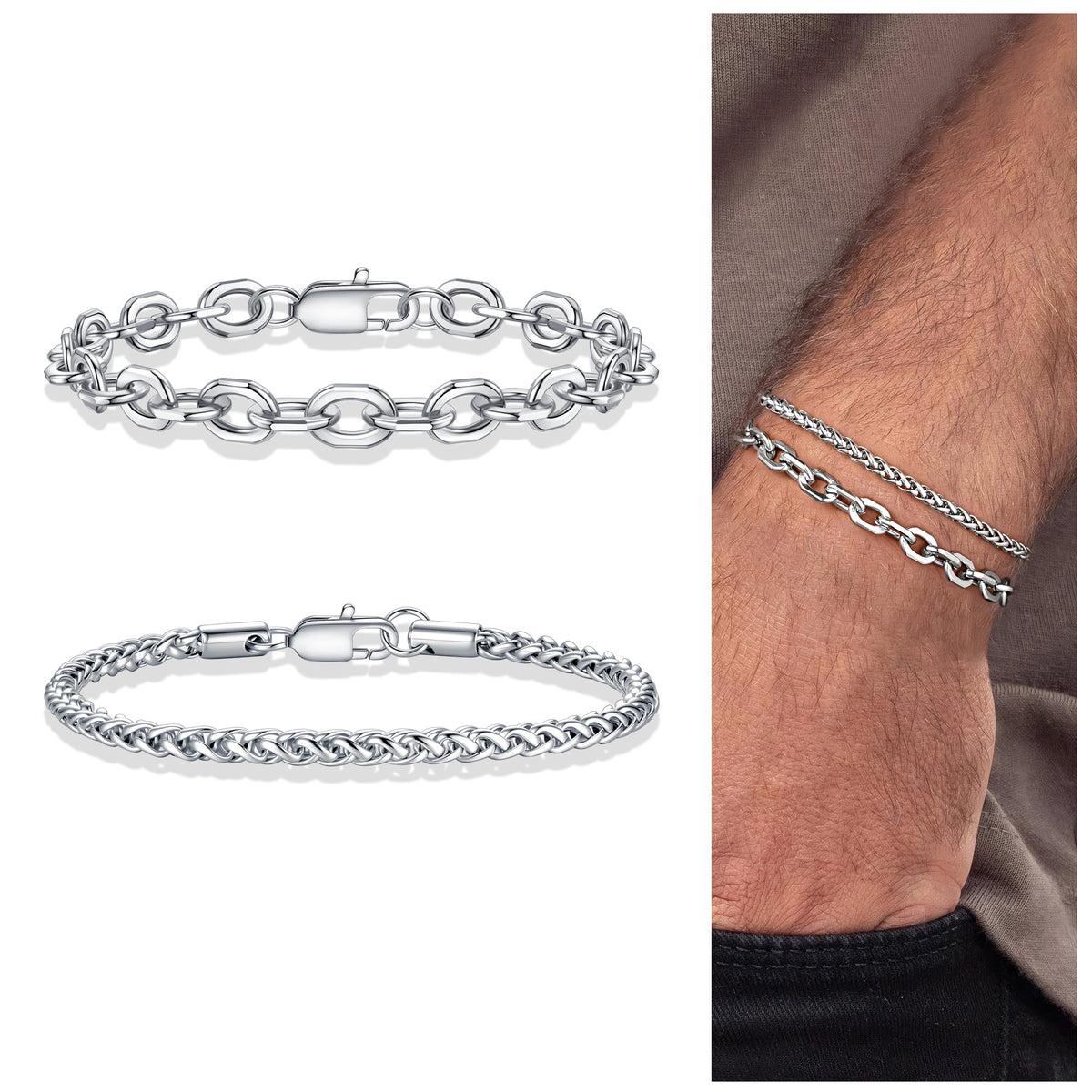 Turandoss Sterling Silver Cuban Link Layered Chain Bracelets Set for Men Herringbone Figaro Wrist Chains 8.3 Sturdy Stainless Steel Birthday Jewelry Gifts for Men Him Fashion