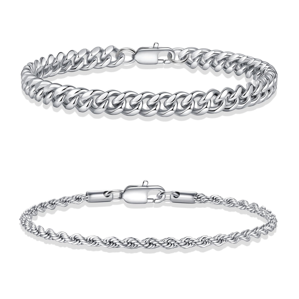 Turandoss Silver Bracelets for Men - Mens Stackable Stainless Steel Bracelet Set Stack Rope Cuban Link Chain Bracelets for Men Minimalist Trendy Jewelry Gifts 2Pcs/7.5