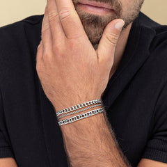 Turandoss Silver Bracelets for Men - Mens Stackable Stainless Steel Bracelet Set Stack Rope Cuban Link Chain Bracelets for Men Minimalist Trendy Jewelry Gifts 2Pcs/7.5