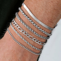 Turandoss 6PCS Silver Chain Bracelet for Men Boys - Stainless Steel Snake Figaro Rope Cuban Link Bracelets, Chain Bracelet Stack, Gifts for Men