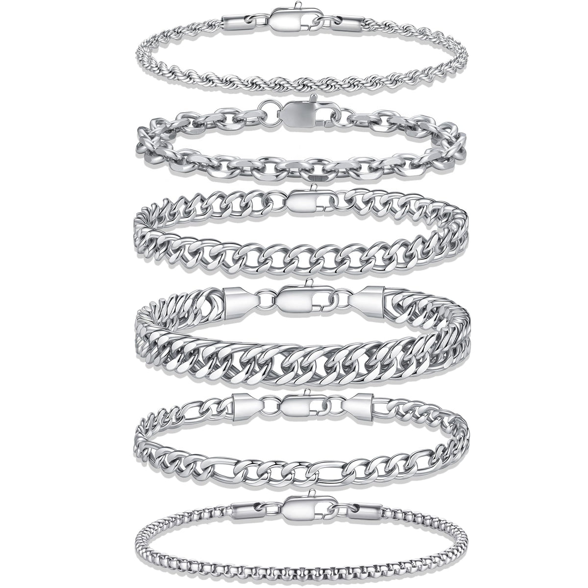 Turandoss Silver Figaro Chain Bracelets for Men - Stainless Steel Figaro Rope Link Bracelet Stack Chain Silver Bracelets Set Trendy Jewelry Gifts for Mens 8.3 Inches