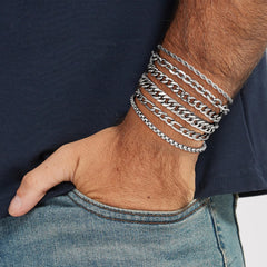 Turandoss Silver Figaro Chain Bracelets for Men - Stainless Steel Figaro Rope Link Bracelet Stack Chain Silver Bracelets Set Trendy Jewelry Gifts for Mens 8.3 Inches