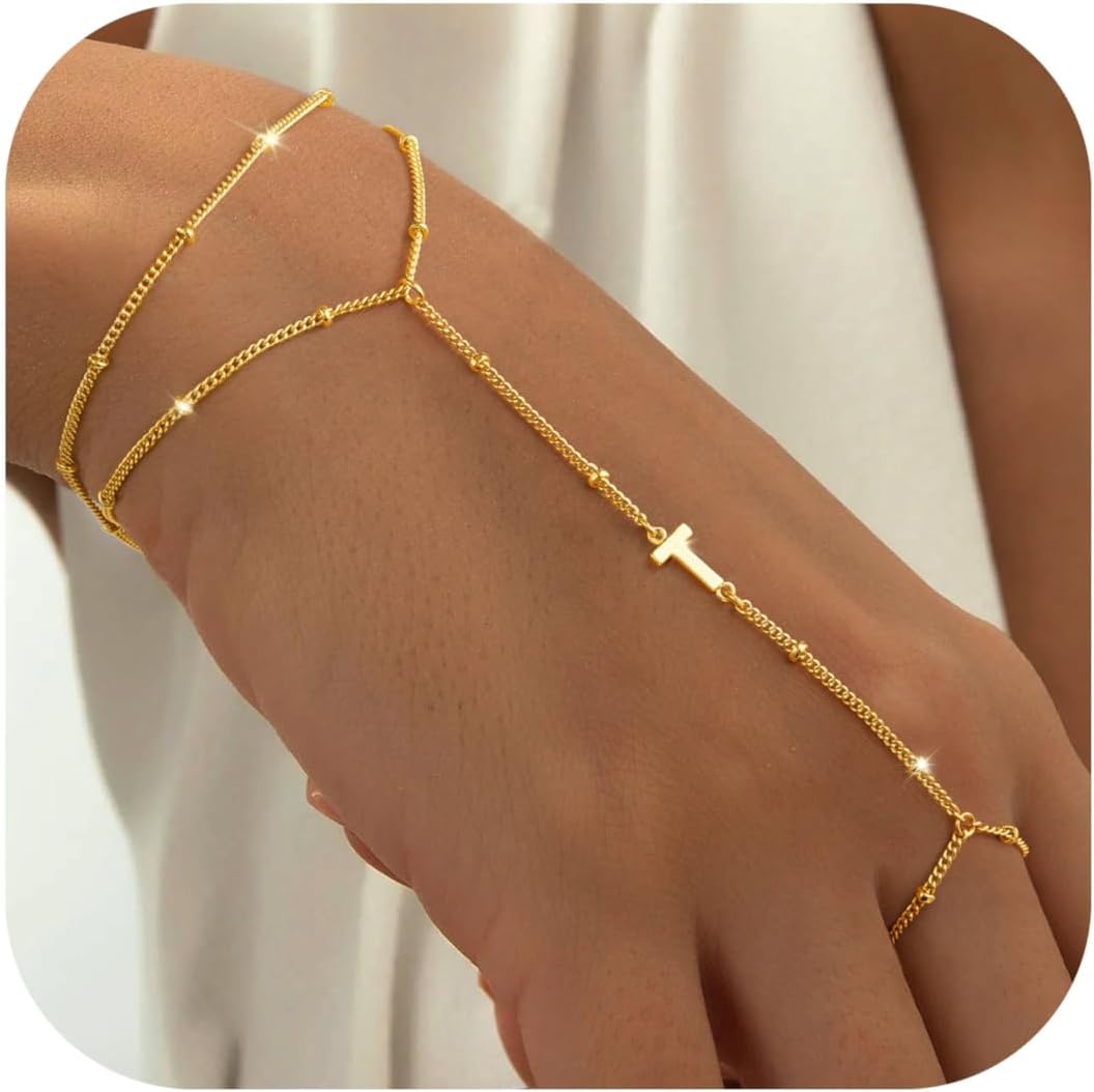 Turandoss Initial Hand Chain for Women - Dainty Gold Ring Bracelet Cuff Hand Chain for Women Trendy Letter T Initial Link Charm Bracelets Personalized Gold Jewelry Accessories Birthday Gift for Women