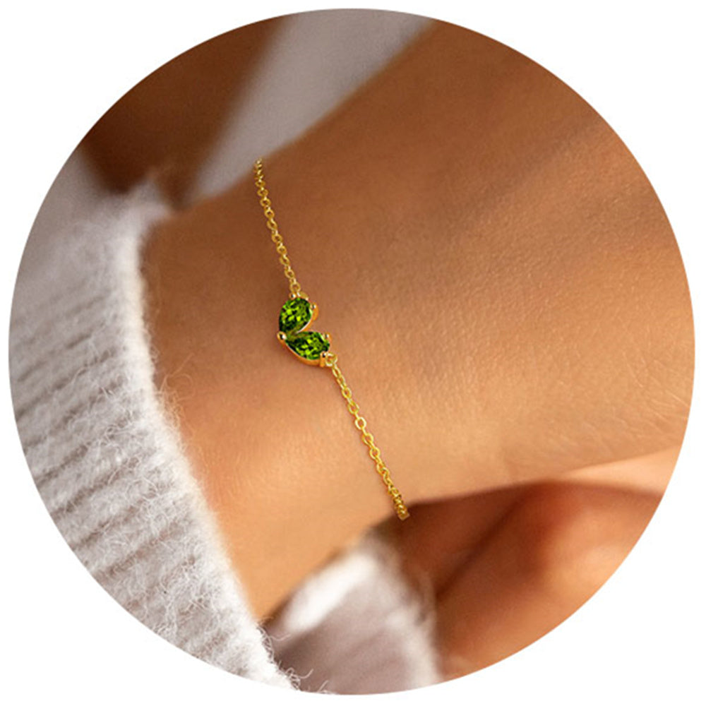 Turandoss Double August Pear Birthstone Bracelet - Created Peridot Pear Cut Bracelet, 14K Dainty Gold Plated Bracelets for Women, Birthstone Bracelet for Women Jewelry Birthday Christmas Gifts
