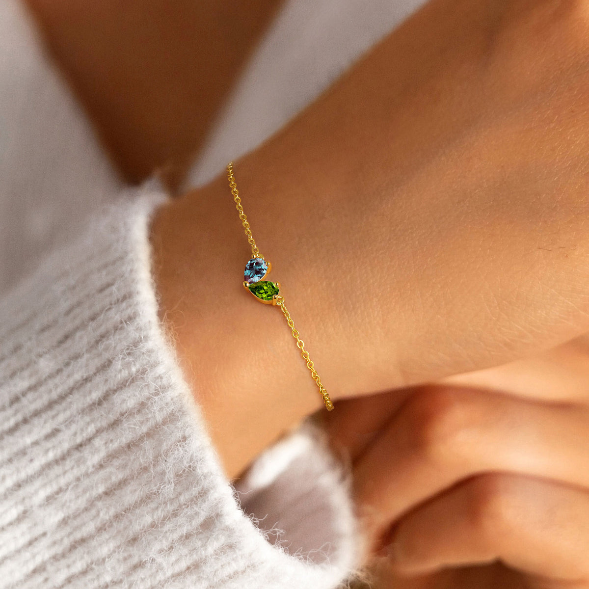 Turandoss 18K Gold Heart Bracelets for Women Girls - Dainty Double Pear Birthstone Bracelet, Zircon Link Chain Bracelet, Christmas Gifts, 6+2.5Inches