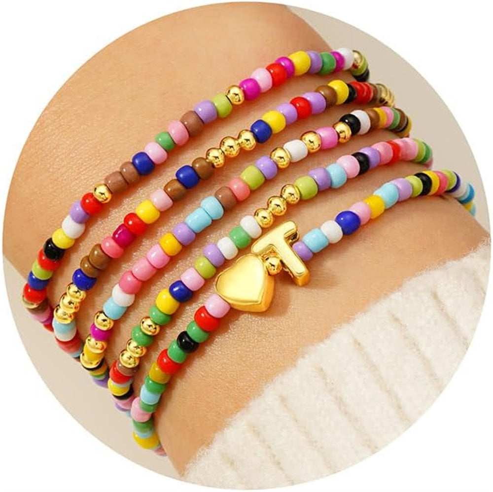 Turandoss 5Pcs Colorful Beaded Bracelets for Girls Women - Cute Bohemian Beaded Bracelets Stretch Stackable Summer Heart Initial T Bracelet Jewelry Birthday Gifts for Daughter Granddaughter Niece
