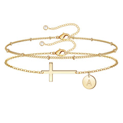 Turandoss Initial Cross Bracelets for Women 14K Gold Plated Dainty Layered Disc Pendant Trendy Jewelry Baptism Teacher Appreciation Mothers Day Graduation Gifts for Her Mom Kids Teen Girls Wife Ideas