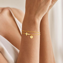 Turandoss Initial Cross Bracelets for Women 14K Gold Plated Dainty Layered Disc Pendant Letter A-Z Trendy Jewelry Baptism Religious Christian Gifts for Women Teen Girls