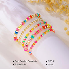 Turandoss 5Pcs 14K Gold Plated Beaded Bracelet for Teen Girls Gifts, Cute Boho Colorful Stretch Bracelet Set Stack for Women Trendy Non Tarnisn, Jewelry Gift for Her Womens Adjustable Strand Bracelet