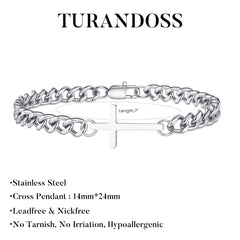 Turandoss Silver Cross Bracelet for Men Teen Boys, Stainless Steel Cuban Chains Non Tarnish, Birthday Gifts, Valentine's Day Gift for Men Boy Husband