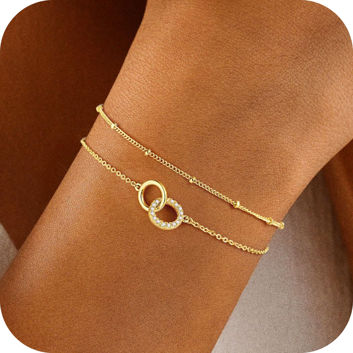 Turandoss Gold Bracelets for Women Dainty 14K Gold Plated Interlocking Circles Bracelet Layered Cubic Zirconia Interlock Circles Delicate Interlock Jewelry Birthday Valentine's Day Gifts for Women