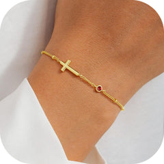 Turandoss Gifts for Christians Catholic Women Inspirational Religious Gifts for Catholic Women Christians 14K Gold Plated Cross Created Garnet January Birthstone Bracelet Jesus Bracelets Jewelry