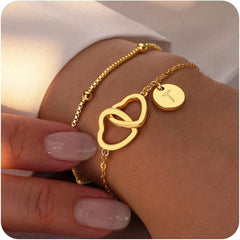 Turandoss 14K Gold Plated Initial Stack Bracelets for Women Jewelry Gifts Initial Dainty Disc Letter T Bracelet for Women Satellite Chain Double Hearts Bracelets for Woman Trendy Jewelry Gifts