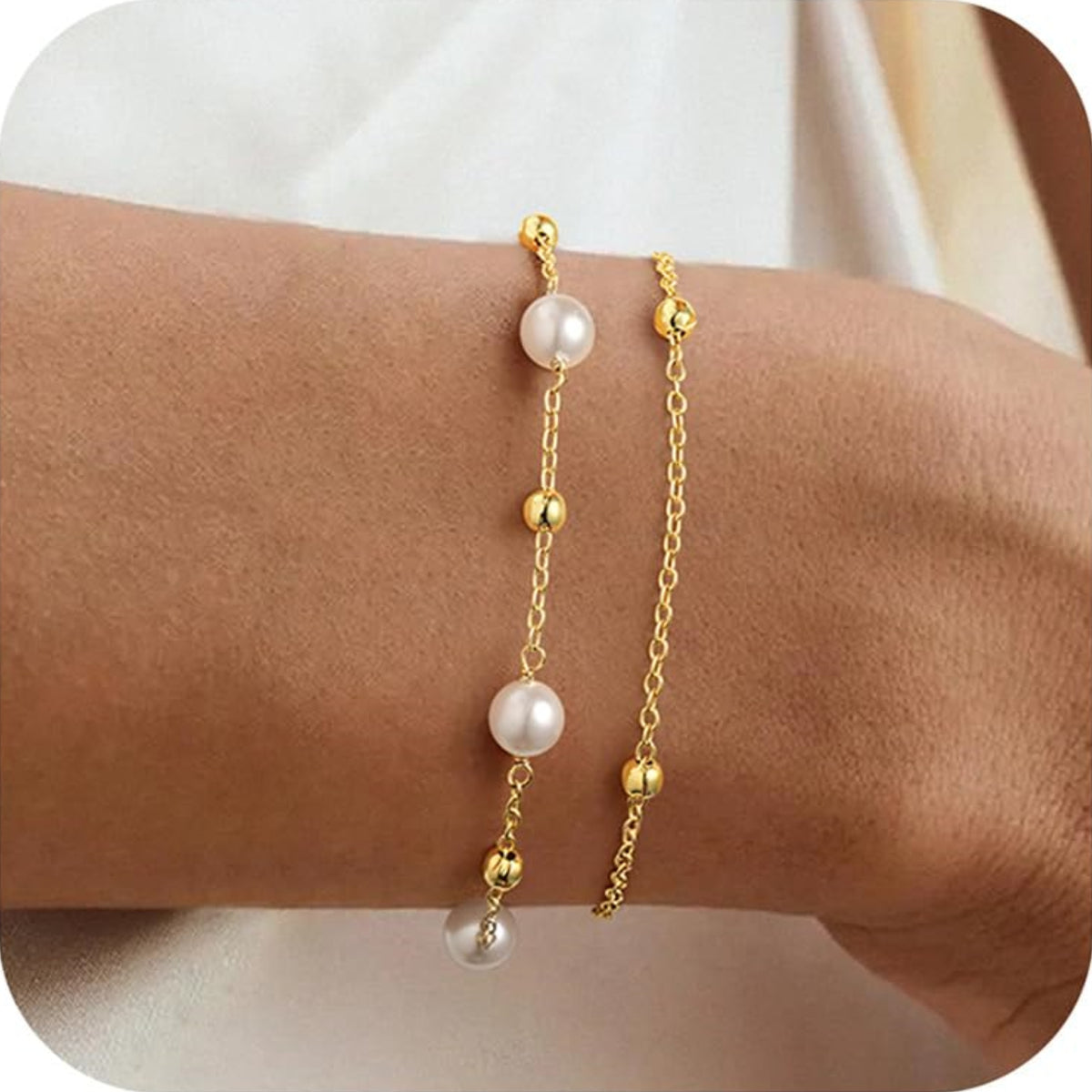 Turandoss Pearl Bracelets for Women, Dainty 14K-Gold-Plated Bracelet Pearls Beaded Link Chain Simple Wedding Bridesmaid Jewelry Christmas Gift for Women