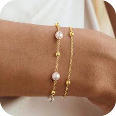 Turandoss Pearl Bracelets for Women Dainty 14K Gold Plated Beaded Link Chain Simple Wedding Jewelry Birthday Teacher Appreciation Mothers Day Graduation Gifts for Her Mom Kids Teen Girls Wife Ideas