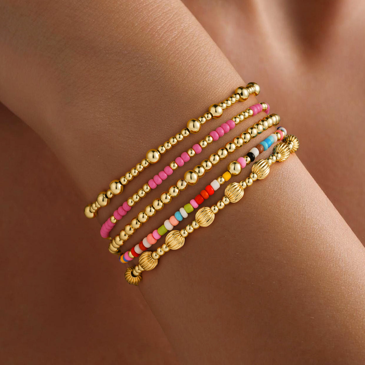 Turandoss 5PCS 18K Gold Beaded Bracelets Set for Women, Colorful Bead Ball Stretch Stack Bracelet, Birthday Gift, Valentine's Day Gifts for Women