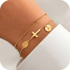 Turandoss Cross Initial Bracelets for Women Virgin Mary Cross Bracelet Stack Dainty 14K Gold Plated Disc Letter A-Z Trendy Jewelry Baptism Confirmation Christian Catholic Gift for Women Girls
