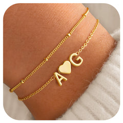 Turandoss 2 Initial Heart Bracelets for Women Dainty Layered 14K Gold Plated Heart Letter A-Z Charm Jewelry Valentine's Day Birthday Gifts for Women Girls Mom Daughter