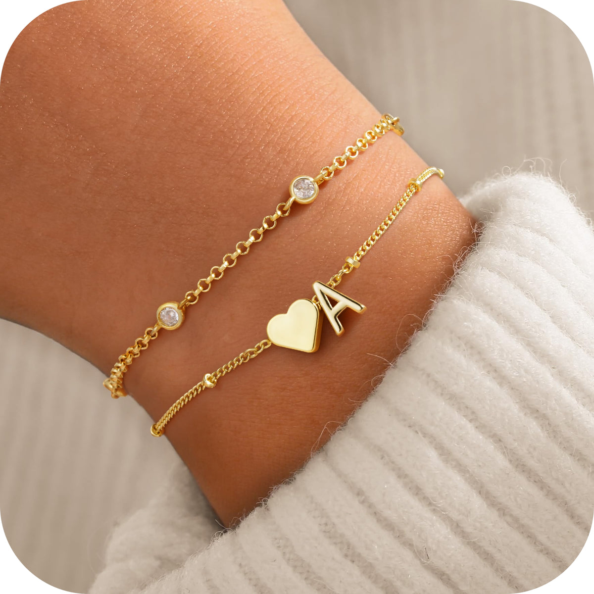 Turandoss Heart Initial Bracelets for Teen Girls 14K Gold Plated Layered cz Heart Letter A-Z Charm Stack Trendy Jewelry Birthday Gifts for Women Teen Girls
