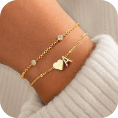Turandoss Heart Initial Bracelets for Teen Girls 14K Gold Plated Layered cz Heart Letter A-Z Charm Stack Trendy Jewelry Birthday Gifts for Women Teen Girls