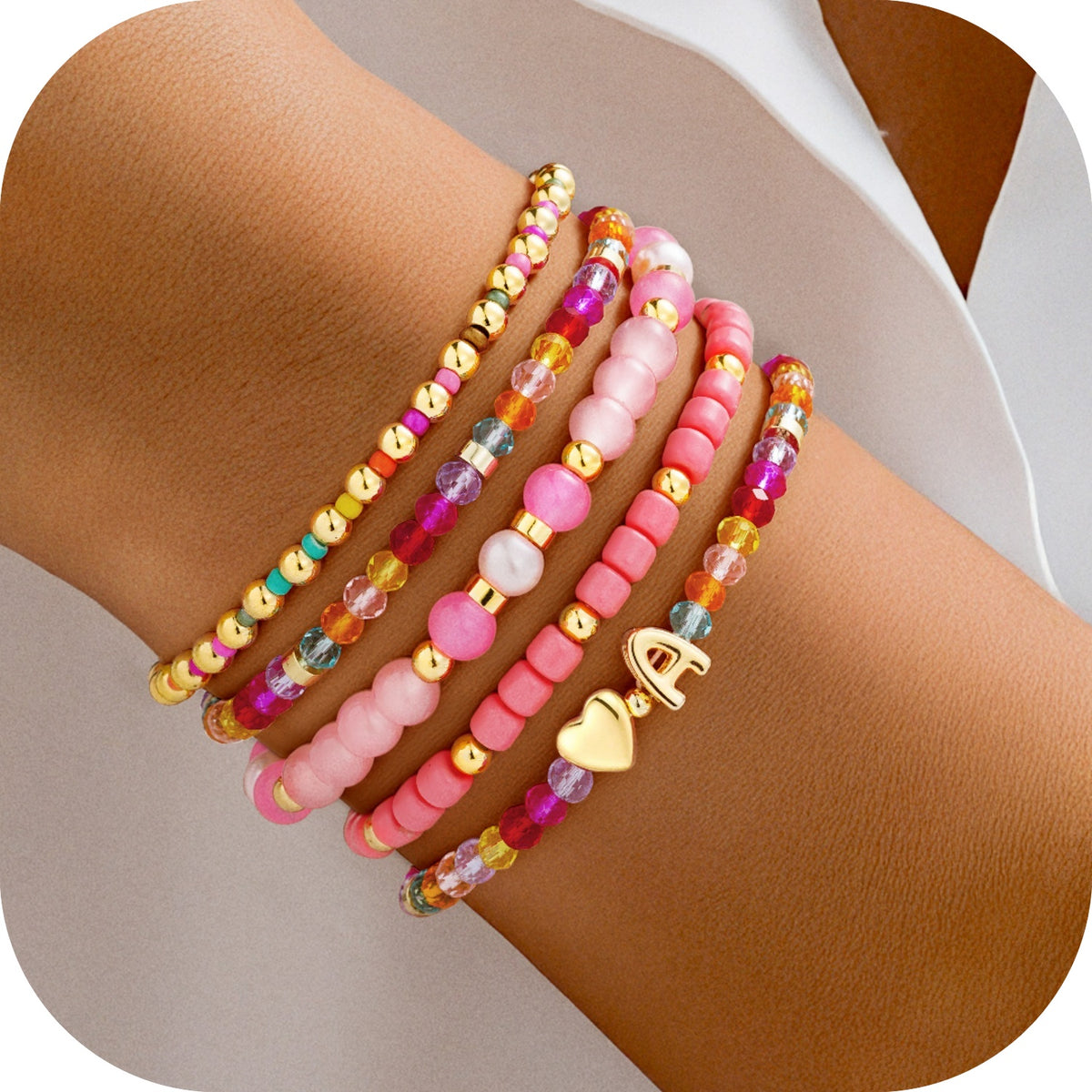 Turandoss Birthday Gifts for Teen Girls Kids 6 7 8 9 10 11 12 13 14 15 16 Year Old Girl Dainty 5PCS Initial Heart 14K Gold Plated Colorful Letter A Charm Bracelets Jewelry Gift