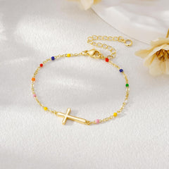Turandoss Gold Cross Bracelets for Women Trendy Stuff Dainty 14K Gold Plated Colorful Beaded Chain Cross Charm Bracelet Personalized Bracelets for Women Gifts Faith Jewelry First Communion Gifts