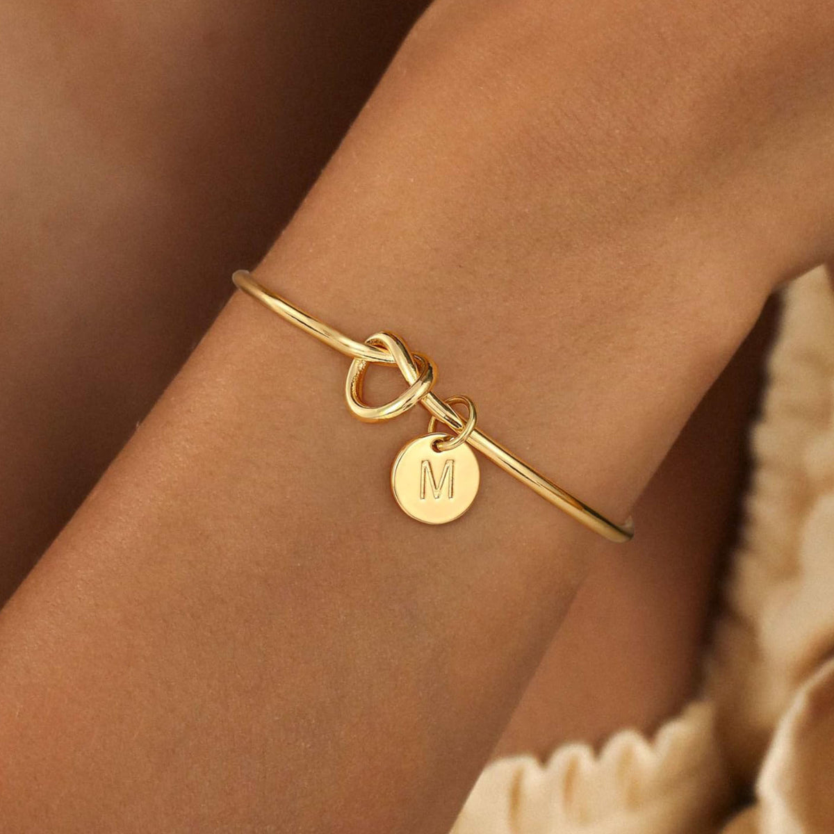 Turandoss 14K Gold Plated Charms Dainty Cuff Bangle Knot Initial Bracelet for Women Girls Letter A-Z Jewelry Personalized Birthday Gift for Women