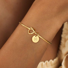 Turandoss 14K Gold Plated Charms Dainty Cuff Bangle Knot Initial Bracelet for Women Girls Letter A-Z Jewelry Personalized Mothers Day Birthday Gift for Women
