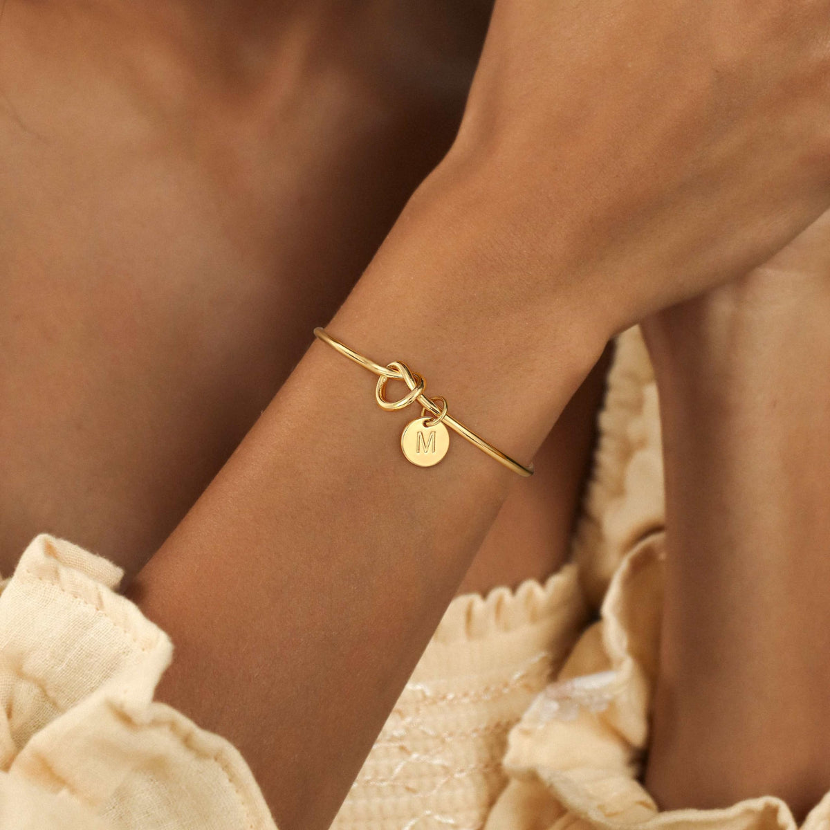 Turandoss 14K Gold Plated Charms Dainty Cuff Bangle Knot Initial Bracelet for Women Girls Letter A-Z Jewelry Personalized Birthday Gift for Women
