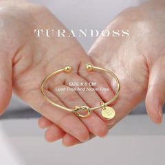 Turandoss 14K Gold Plated Charms Dainty Cuff Bangle Knot Initial Bracelet for Women Girls Letter A-Z Jewelry Personalized Birthday Gift for Women