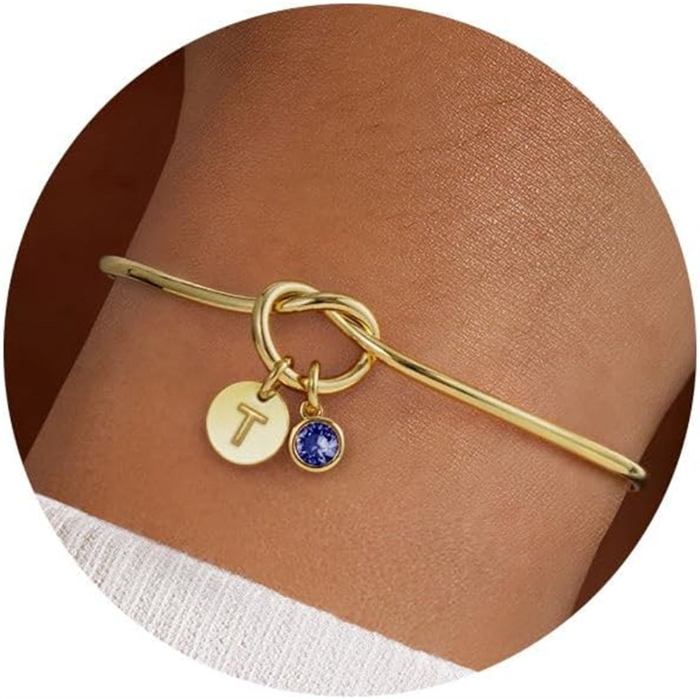 Turandoss Initial Birthstone Bracelets for Women Girls - Trendy Disc Letter T Love Knot Initial Bracelet Blue December Birthstone Pendent Bracelet Bridesmaid Birthday Friendship Gifts for Women Girls