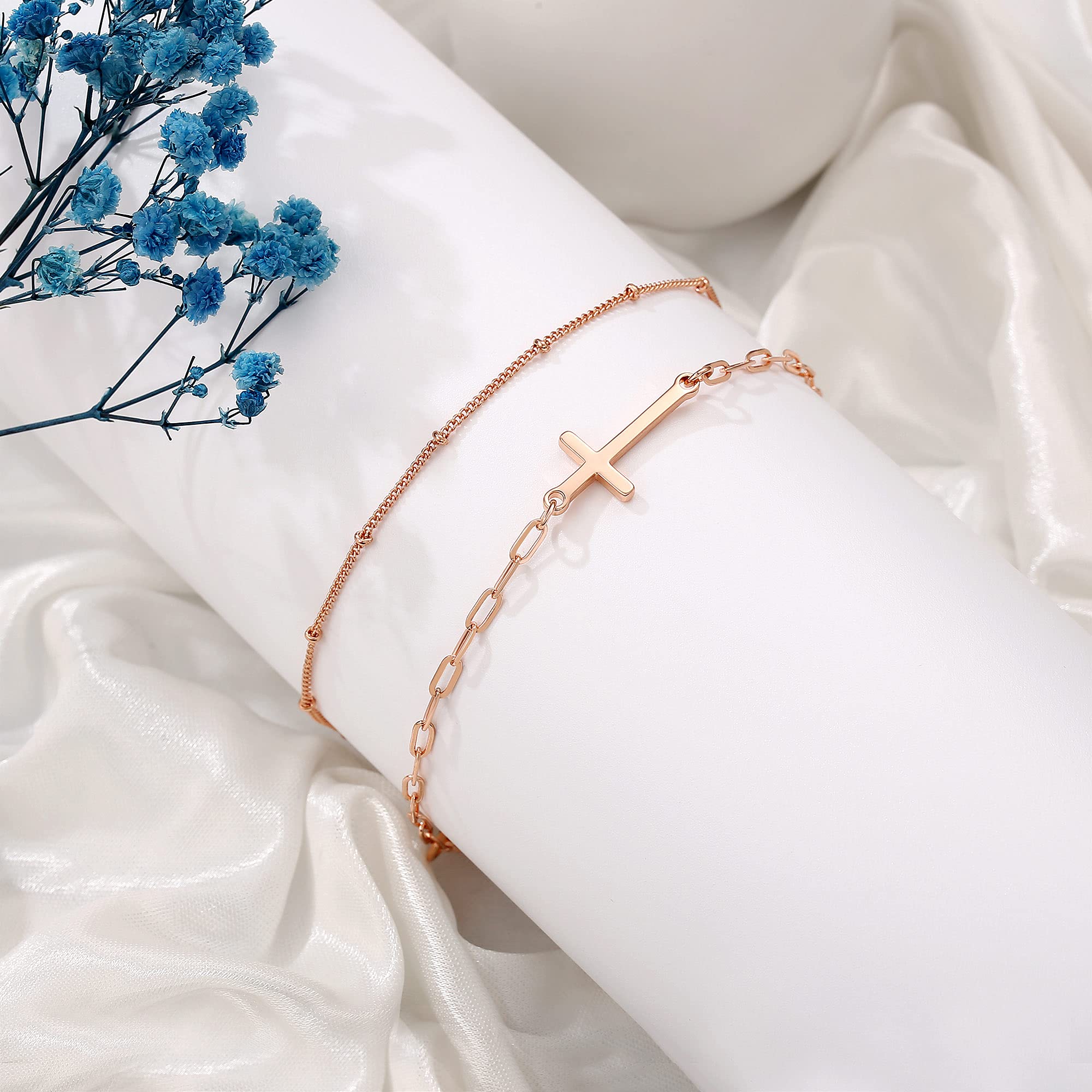 Beads Chain&Cross Dainty Gold Bracelets for Women