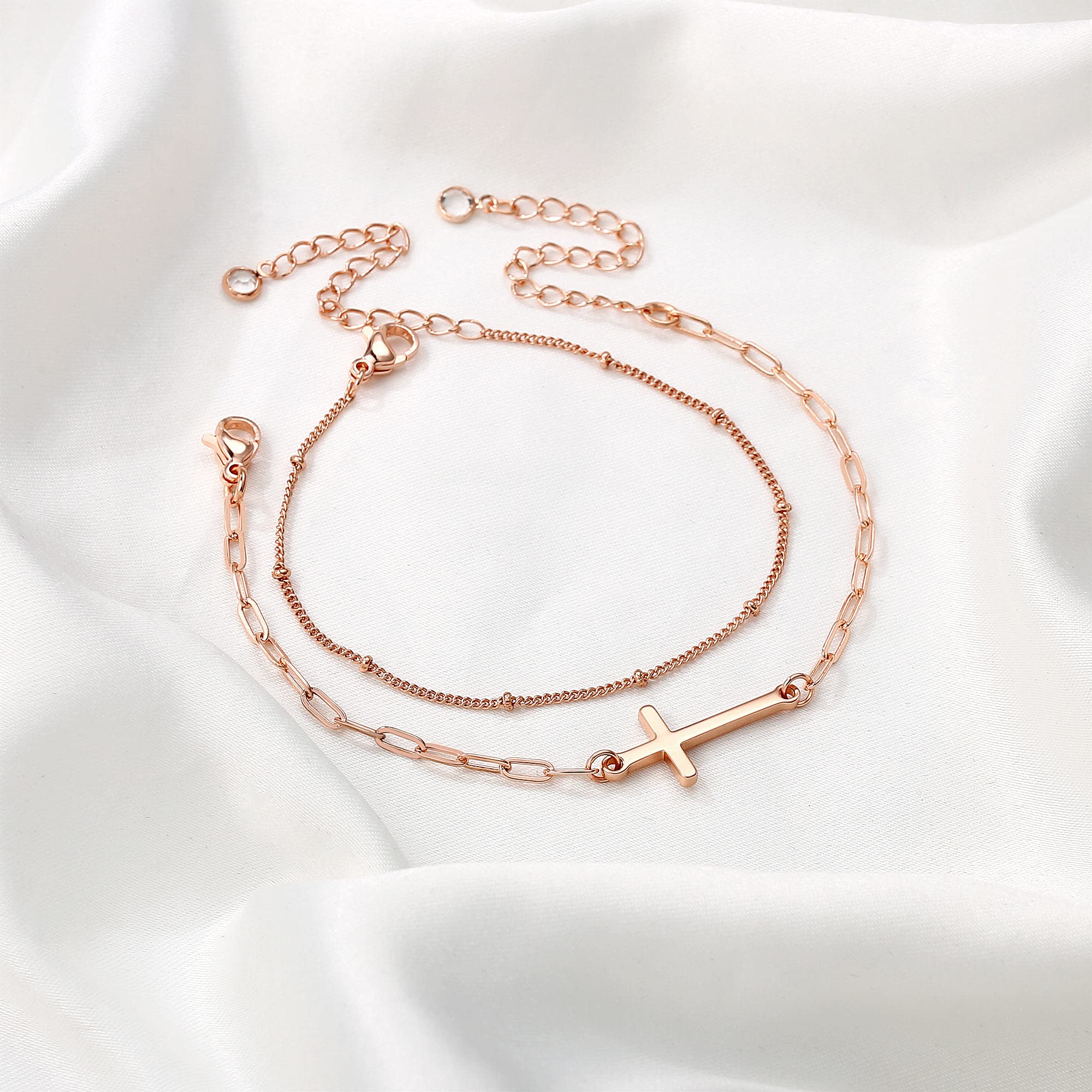 Beads Chain&Cross Dainty Gold Bracelets for Women