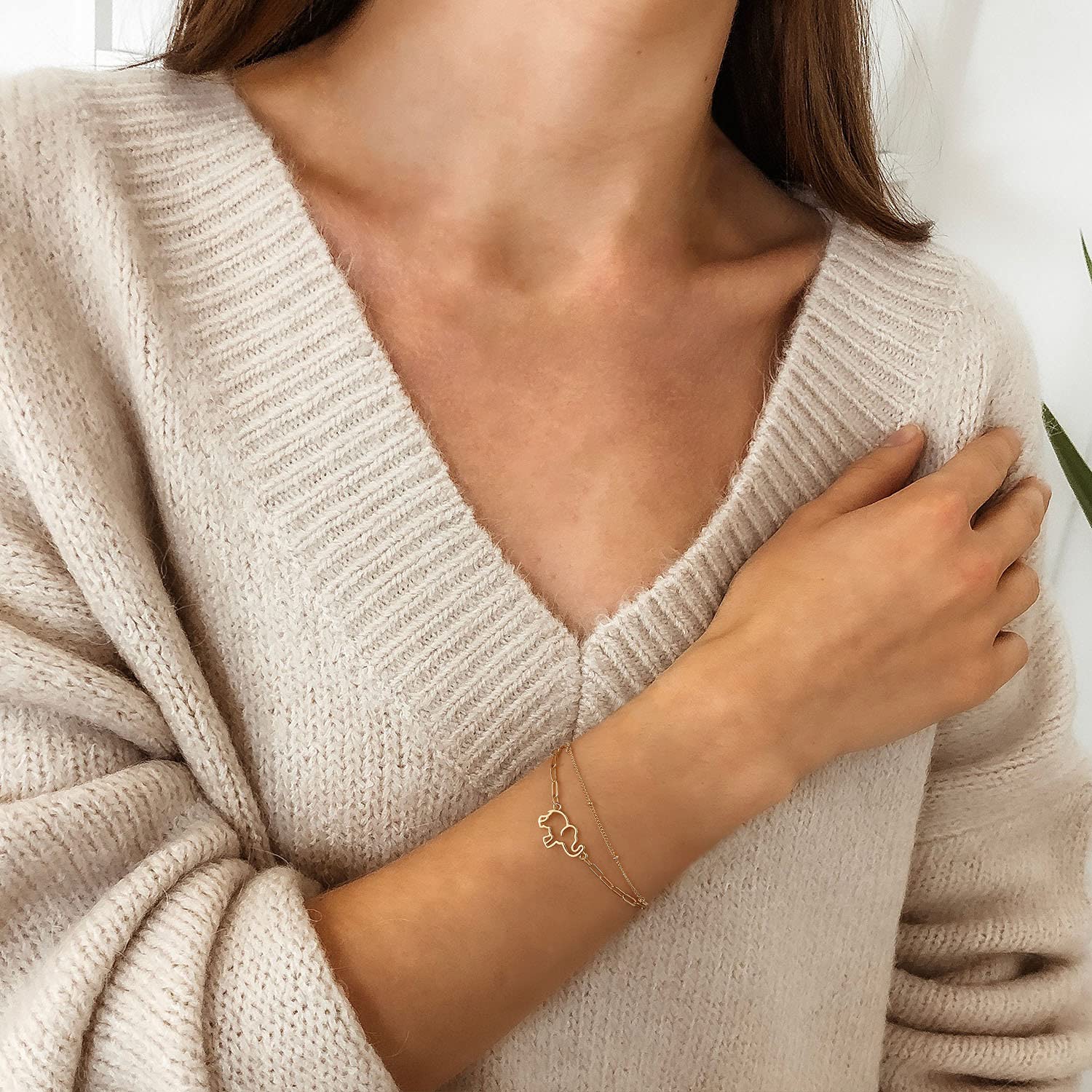 Beads Chain&Elephant Dainty Gold Bracelets for Women