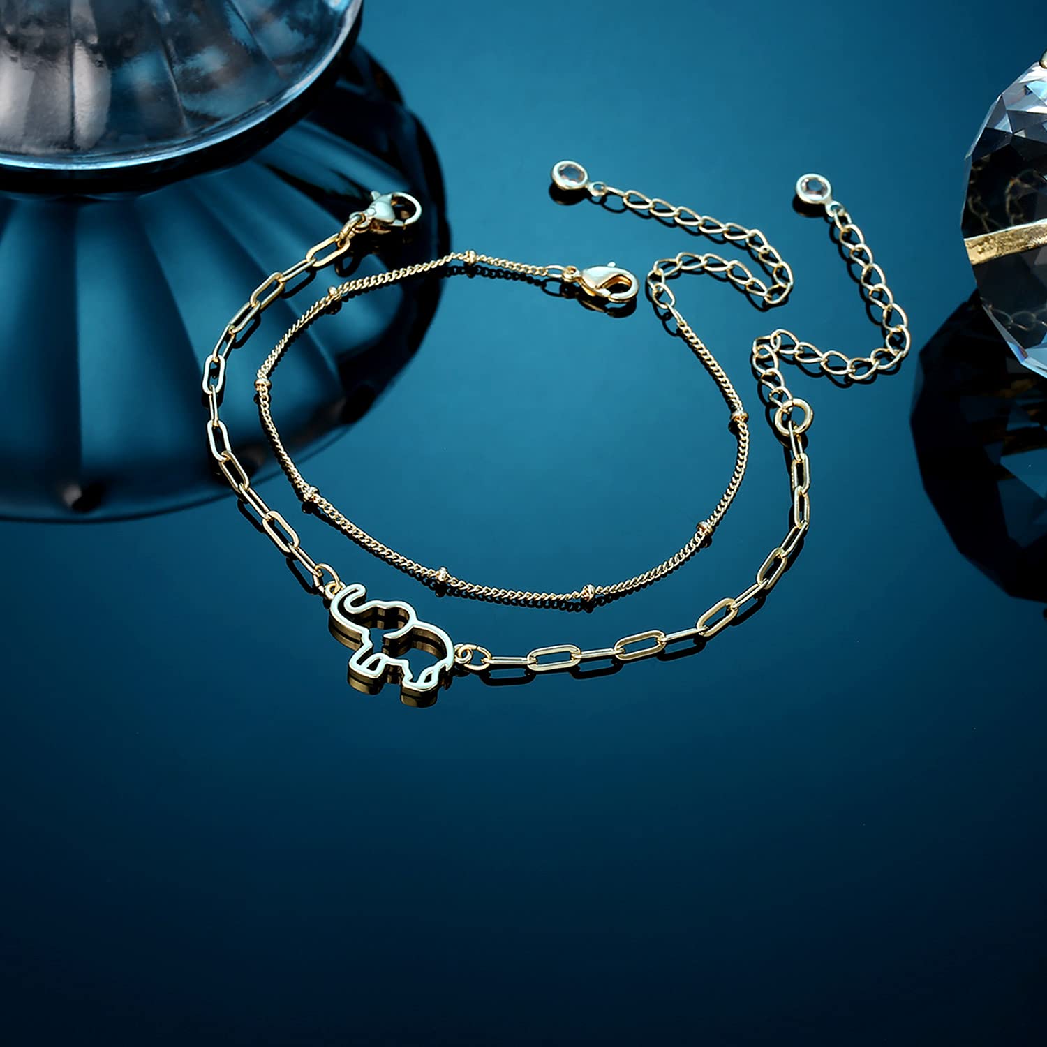 Beads Chain&Elephant Dainty Gold Bracelets for Women