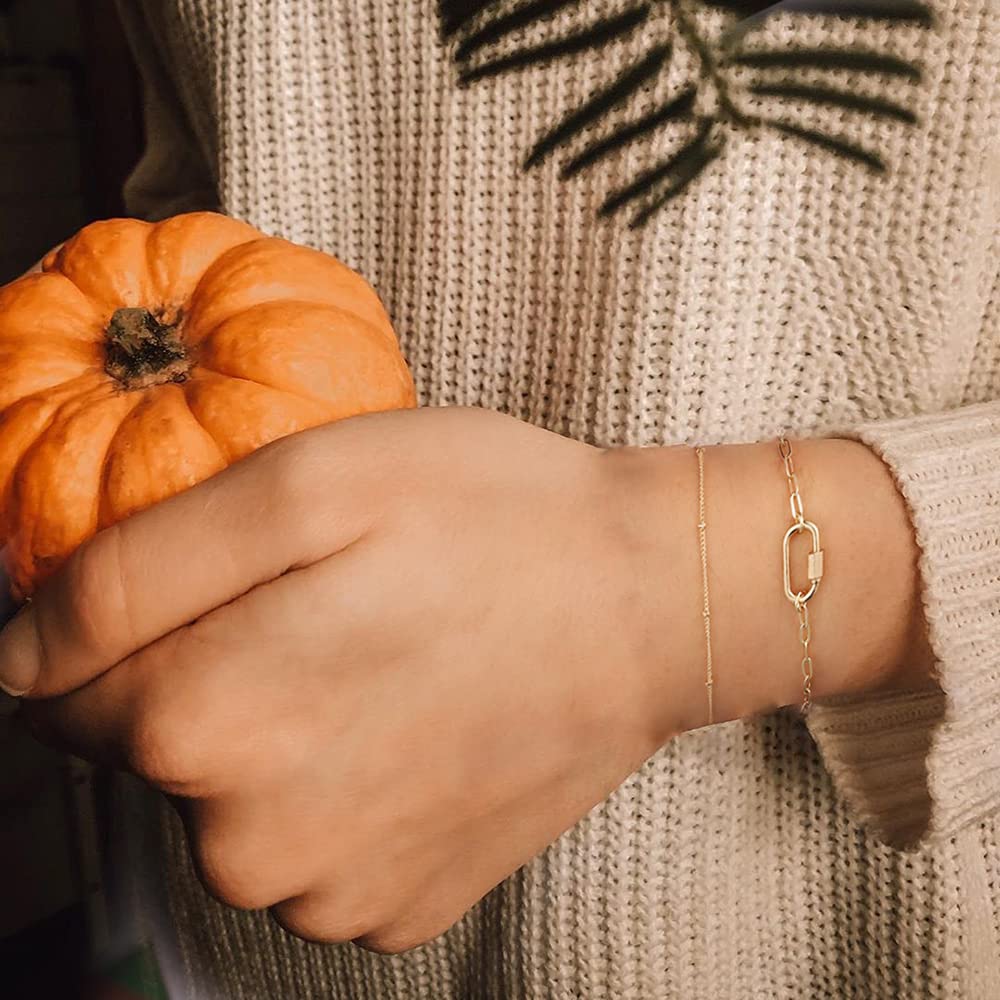 Beads Chain&Oval Screw Clasp Dainty Gold Bracelets for Women