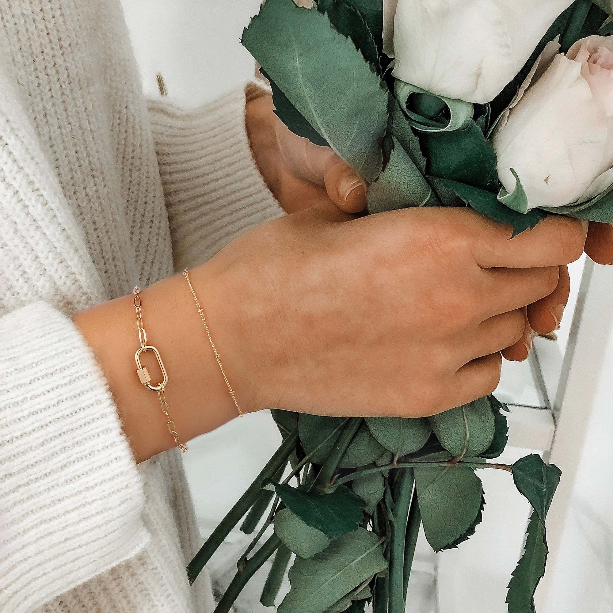 Beads Chain&Oval Screw Clasp Dainty Gold Bracelets for Women