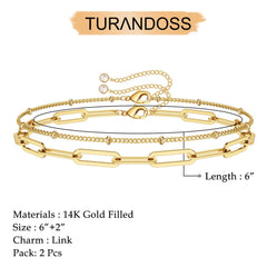 Turandoss Dainty Gold Bracelets for Women, Adjustable Layered Paperclip Chain Bracelet Non Tarnish, Gold Jewelry for Women, Birthday Gifts for her