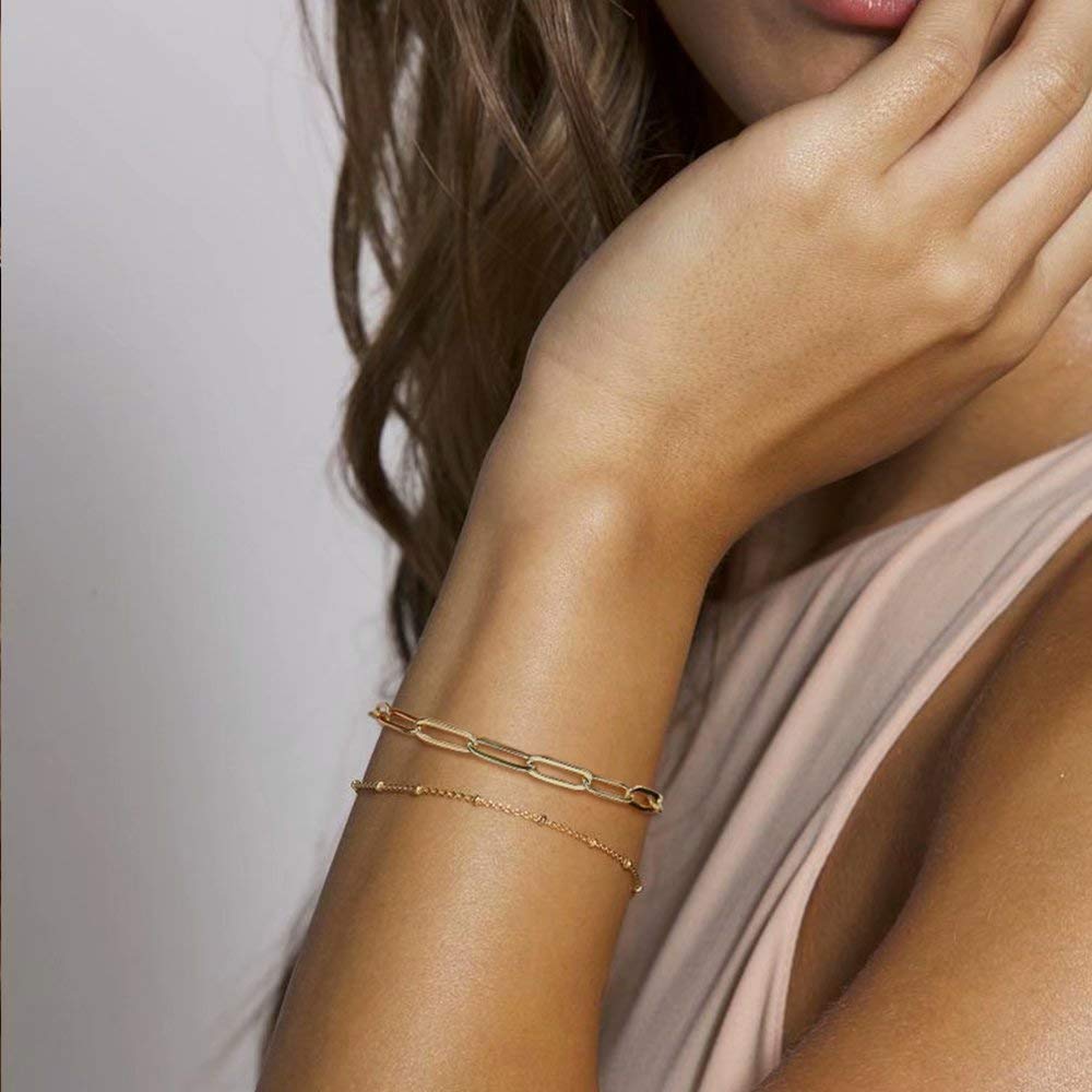 Beads Chain&Oval chain Dainty Gold Bracelets for Women