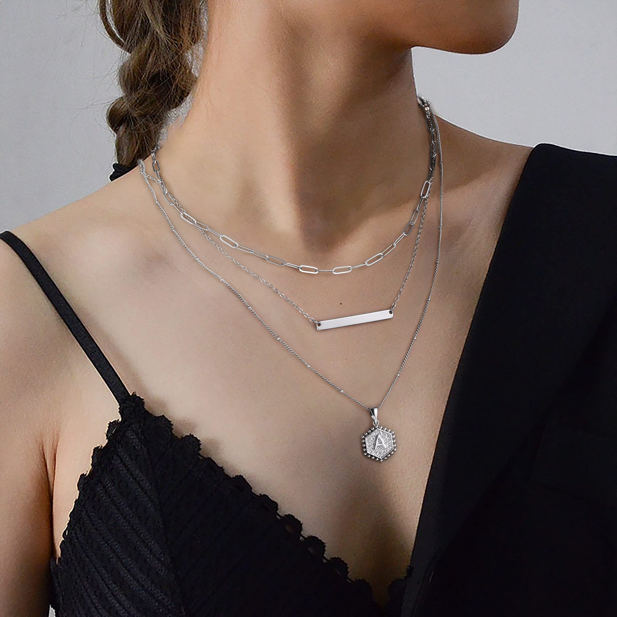 Silver Layered Initial Necklaces for Women