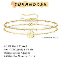 Turandoss Gold Initial Bracelets for Women Girls, Dainty Layered Charm Bracelet, Gold Jewelry for Women, Birthday Gifts for Girls 8-18