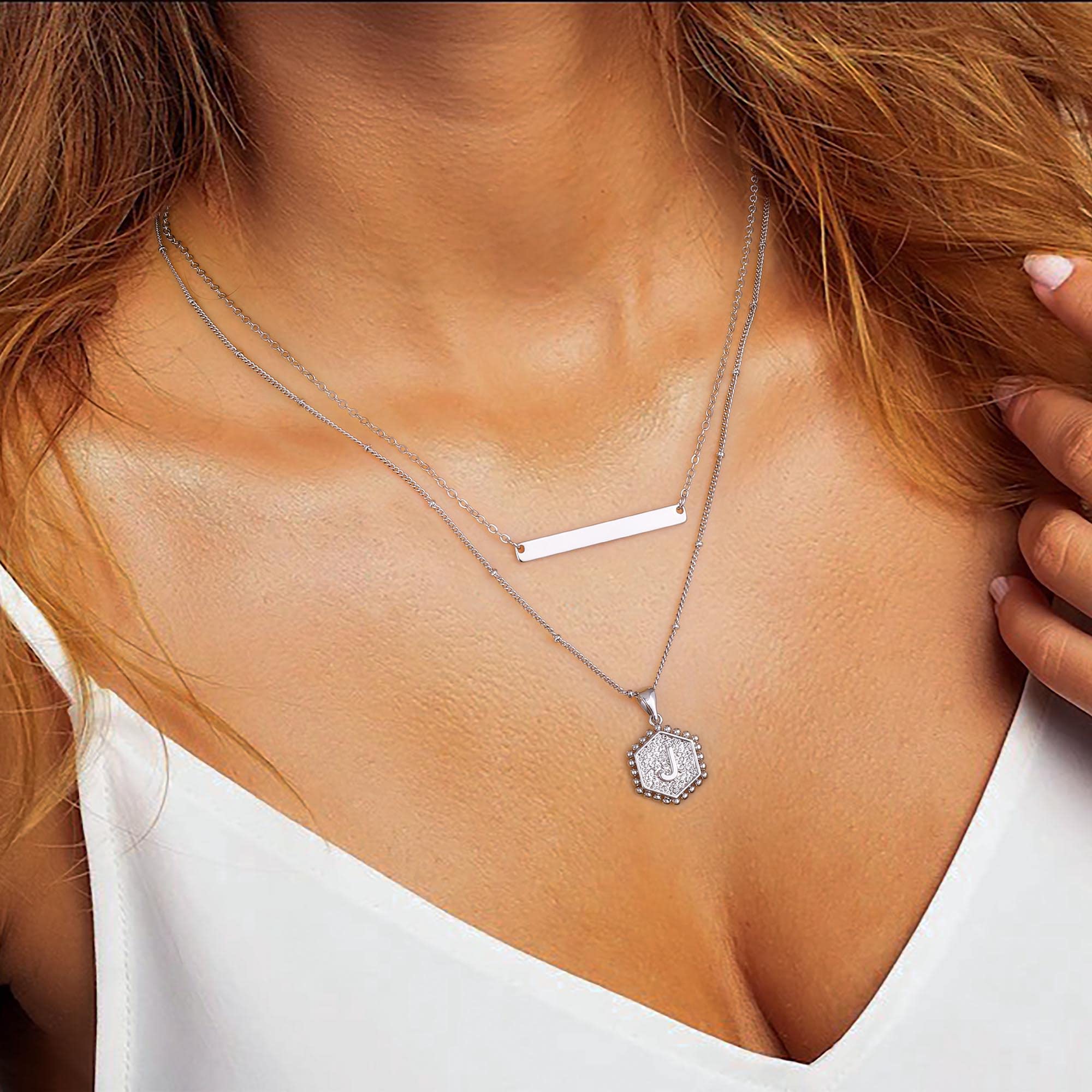 Silver Layered Initial Necklaces for Women