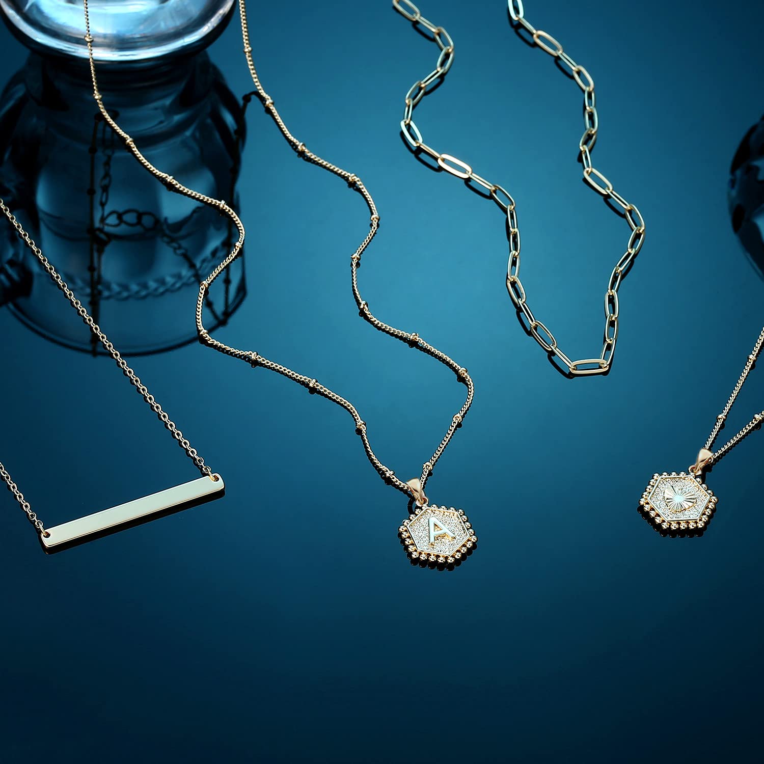 Gold Layered Initial hexagon letter Necklace for Women