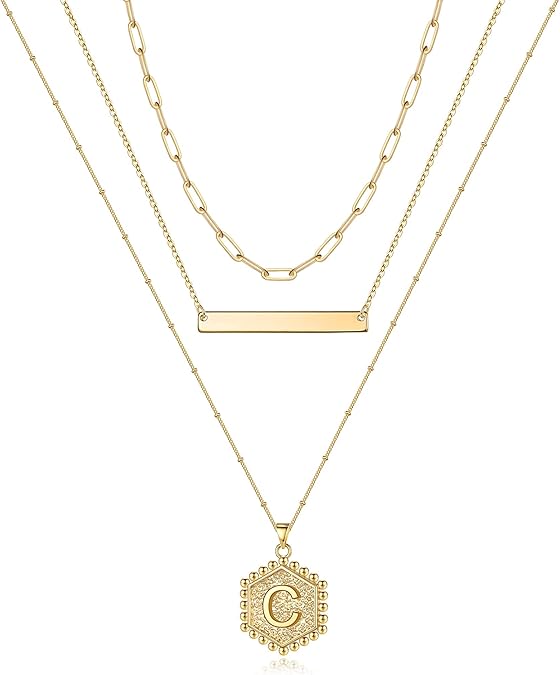 Gold Layered Initial hexagon letter Necklace for Women