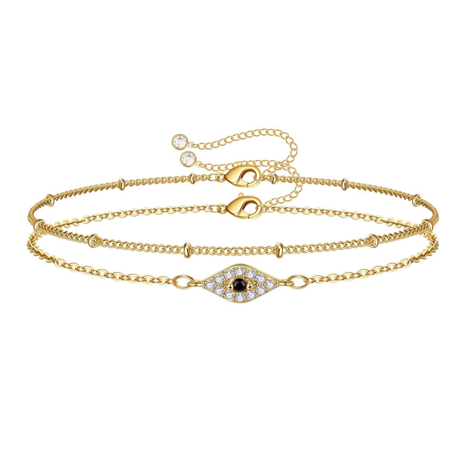 CZ Evil Eye&Beads Chain Dainty Gold Bracelets for Women