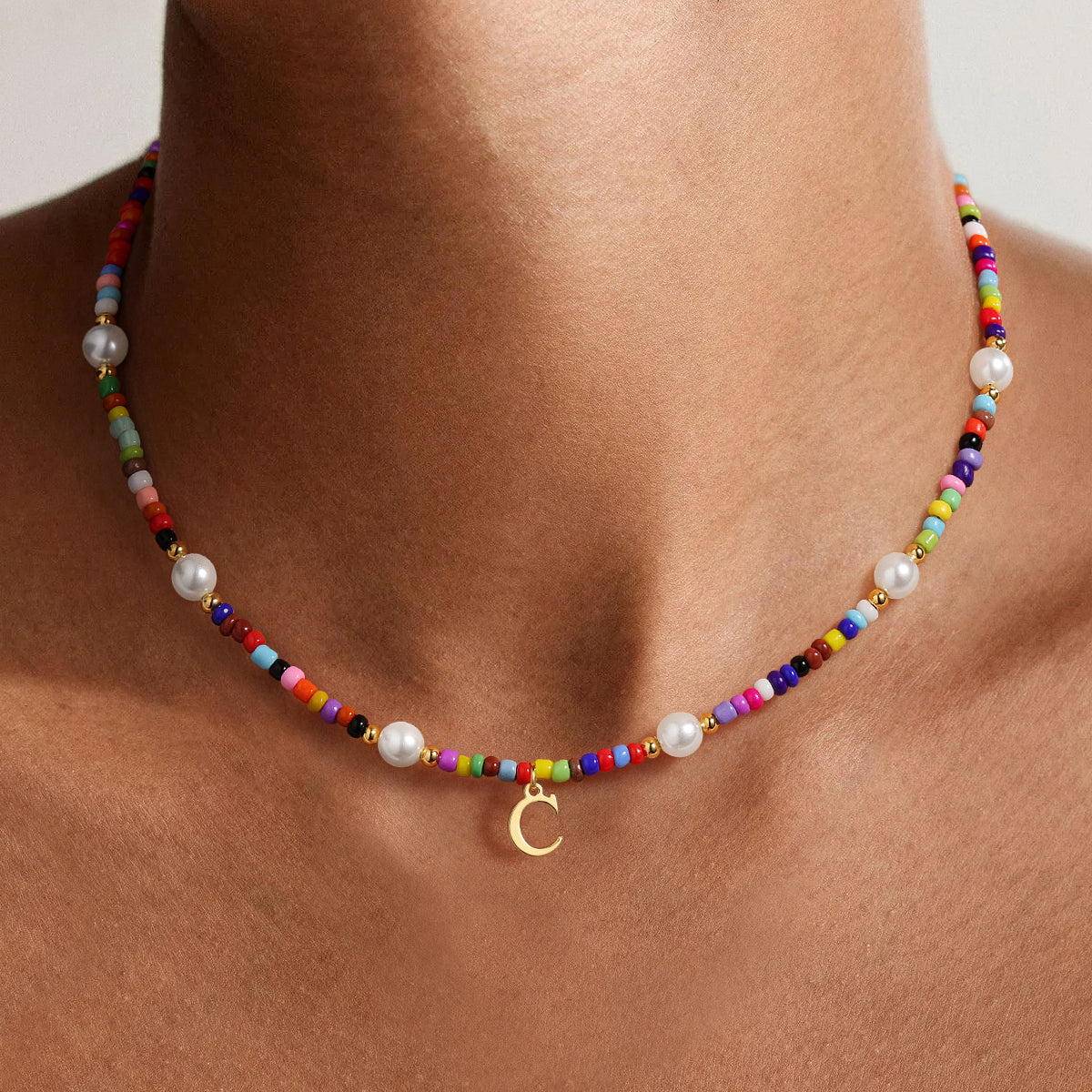 Turandoss Colorful Beaded Necklace for Women Girls, Dainty Gold Initial Pearl Bead Choker Necklace, Cute Birthday Gifts for Girls, 15+2.5Inches, A