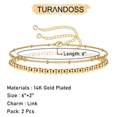 Turandoss 2PCS Dainty Layered Bracelets for Women Girls, 18K Gold Plated Cute Stack Beaded Paperclip Bracelet Hypoallergenic, Jewelry Gifts for Women