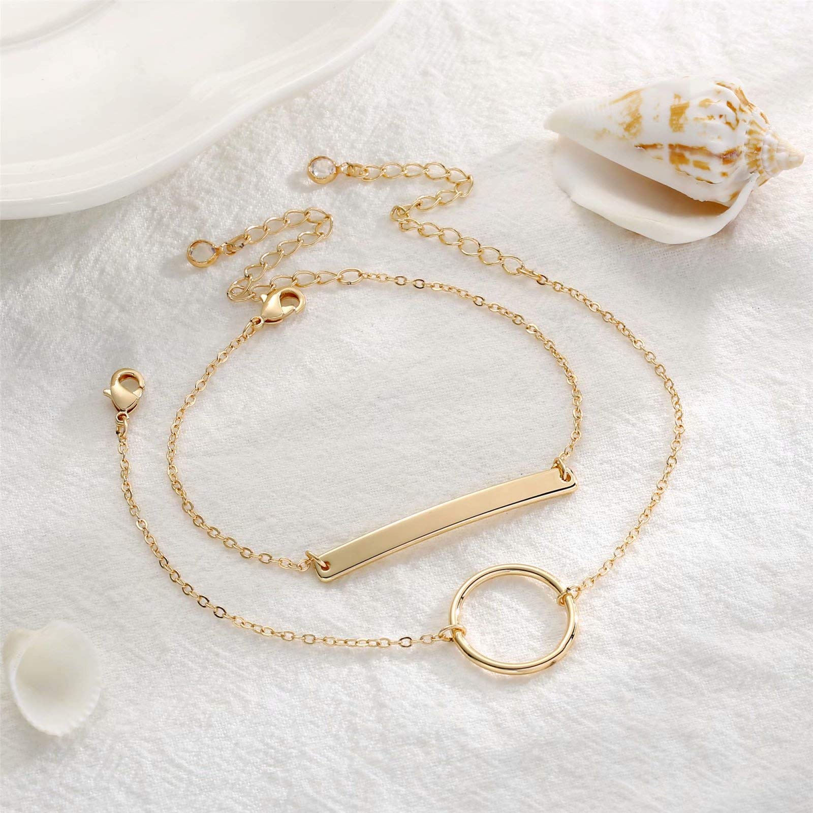 Circle&Bar Dainty Gold Bracelets for Women