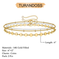 Turandoss 2PCS Dainty Layered Bracelets for Women Girls, 18K Gold Plated Cute Stack Coin Chain Link Bracelet Hypoallergenic, Jewelry Gifts for Women